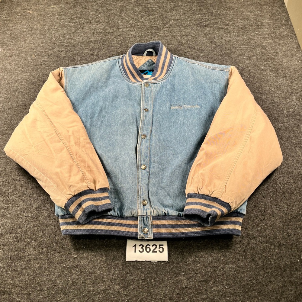 Vintage Bomber Jacket Mens XL Blue Denim Specialty Product Roofing Asphalt